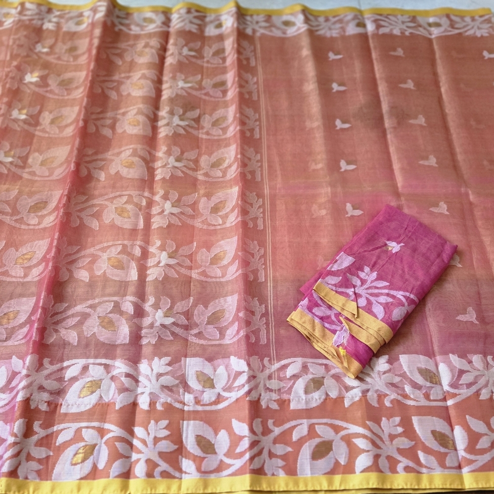 Brand New Dual Tone Pink & Yellow Bengal Handloom Resham Jamdani Saree